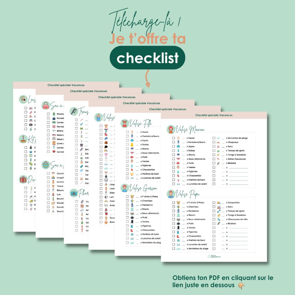 Une checklist pour ne rien oublier dans sa valise pour les vacances. Bébé, pharmacie, loisirs, tout y passe. Télécharge-la gratuitement