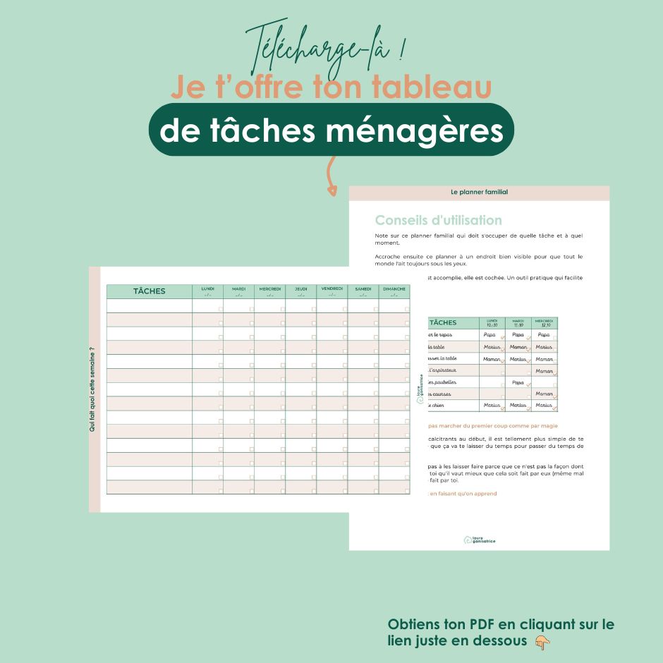 Allège ton quotidien avec notre tableau des tâches ménagères famille à imprimer. Une méthode simple et efficace pour répartir les tâches à la maison et impliquer toute ta famille.