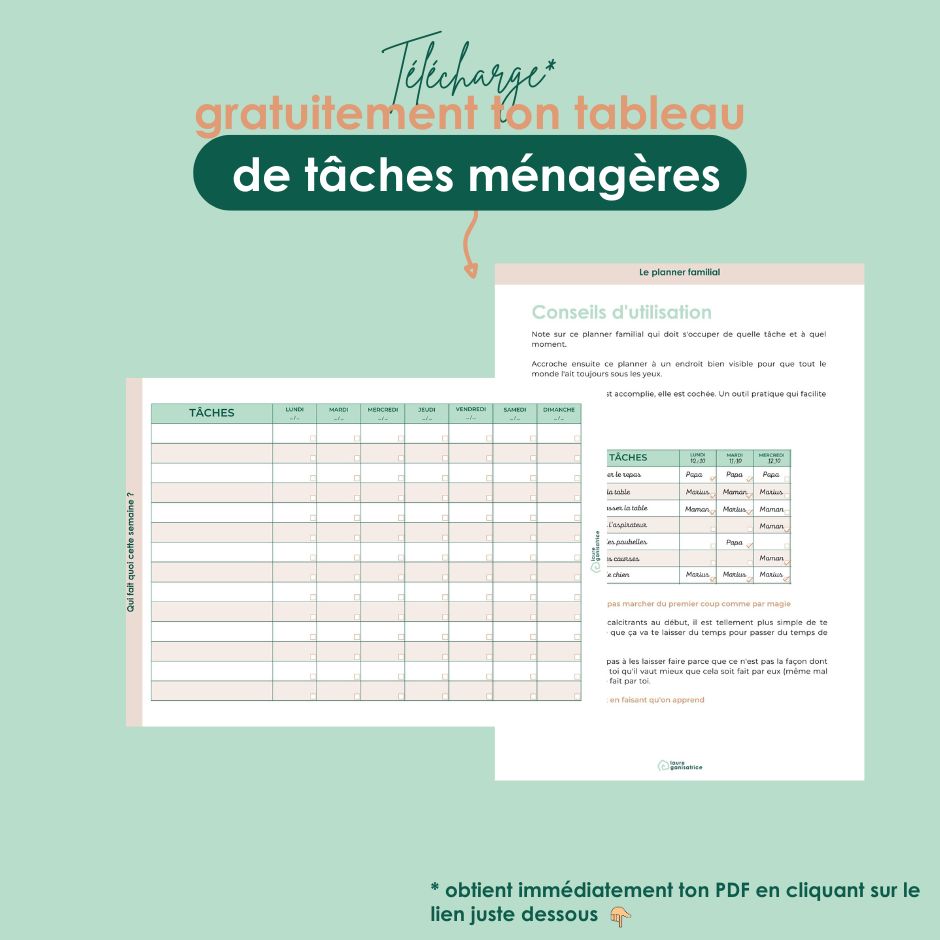 Allège ton quotidien avec notre tableau des tâches ménagères famille à imprimer. Une méthode simple et efficace pour répartir les tâches à la maison et impliquer toute ta famille.