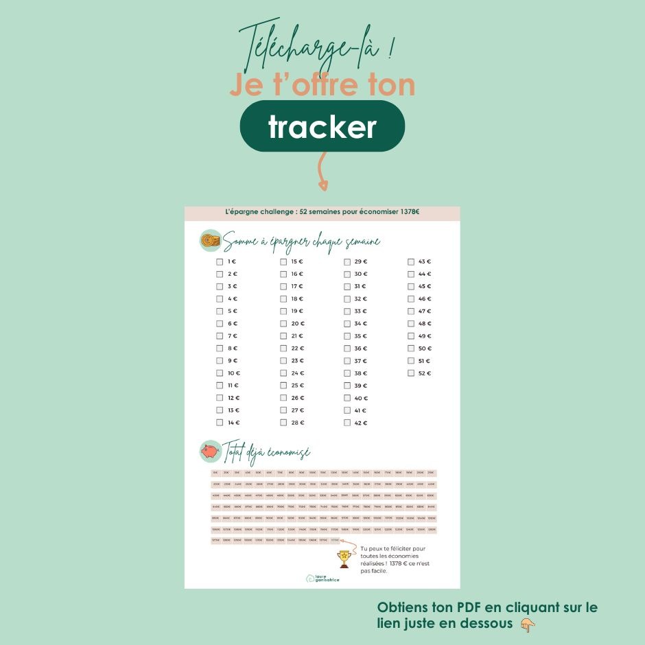 Découvre un moyen ludique et gratuit d'économiser 1378 € en un an grâce à mon tracker financier téléchargeable. Démarre dès aujourd'hui ton voyage vers une meilleure gestion de ton argent